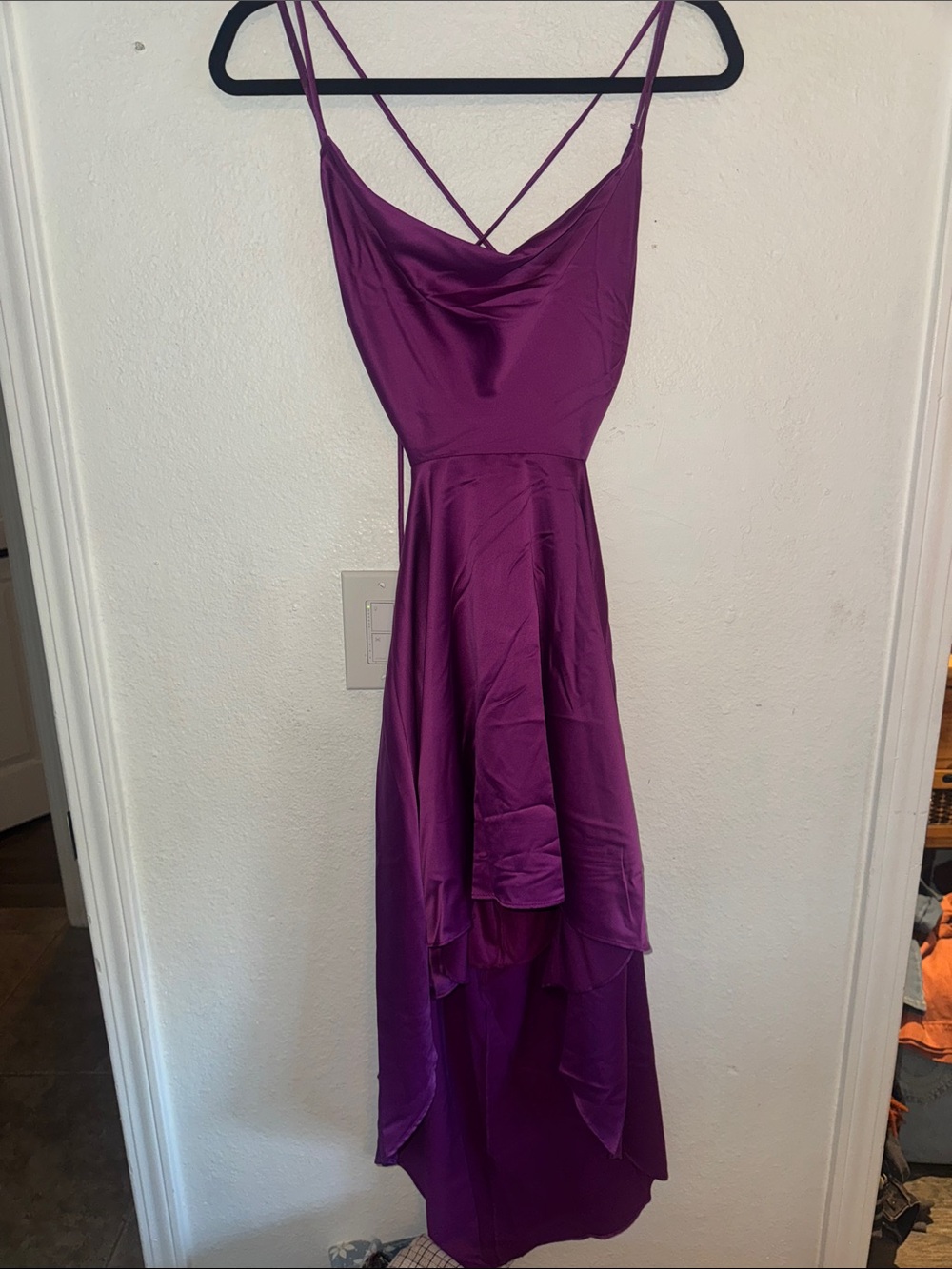 Purple Satin Cowl Neck Spaghetti Strap open back  Dress